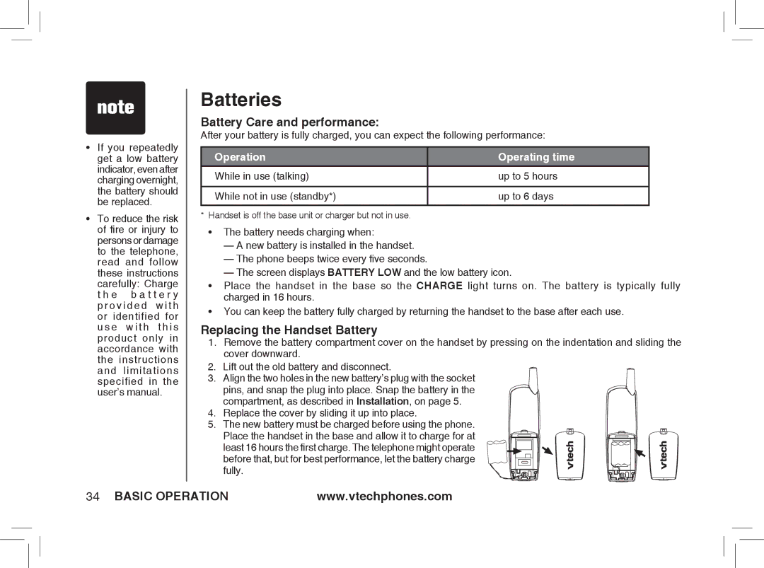 VTech ia5874, ia5876, ia5877 user manual Batteries, Battery Care and performance 