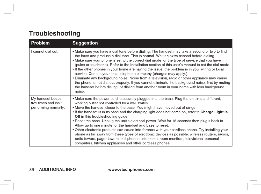 VTech ia5877, ia5876 Noise, Off in this troubleshooting guide, Computers, kitchen appliances and other cordless phones 