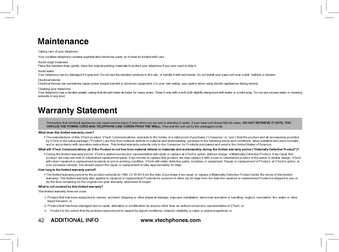 VTech ia5877, ia5876, ia5874 user manual Maintenance, Warranty Statement 