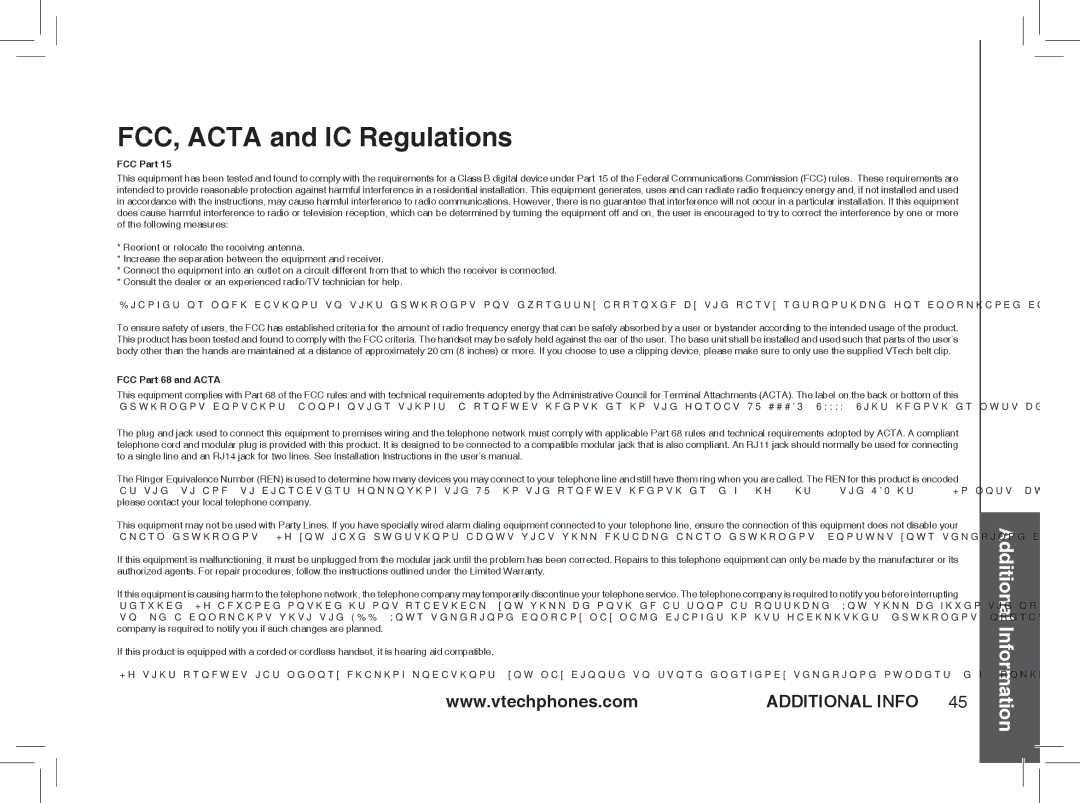 VTech ia5877, ia5876, ia5874 user manual FCC, Acta and IC Regulations, FCC Part 