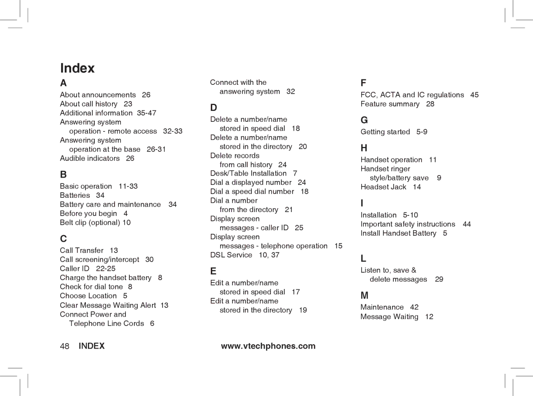 VTech ia5877, ia5876, ia5874 user manual Index 