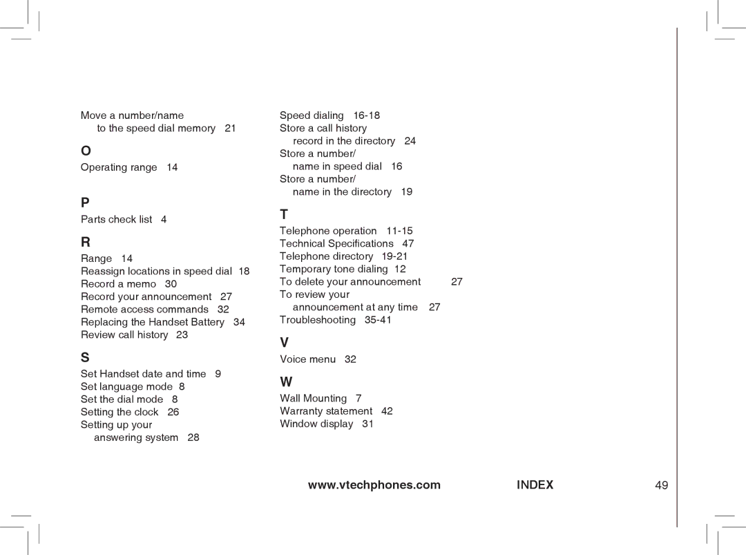 VTech ia5874, ia5876, ia5877 user manual Index 