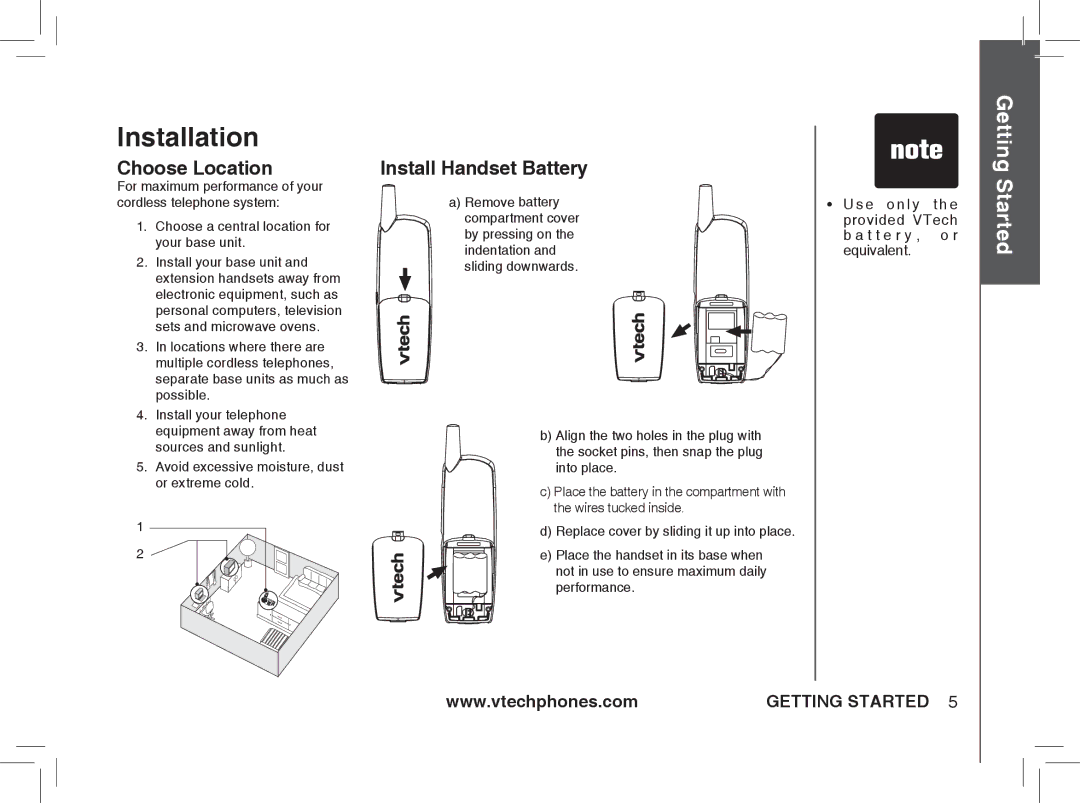 VTech ia5876, ia5877, ia5874 user manual Installation, Choose Location, Install Handset Battery 