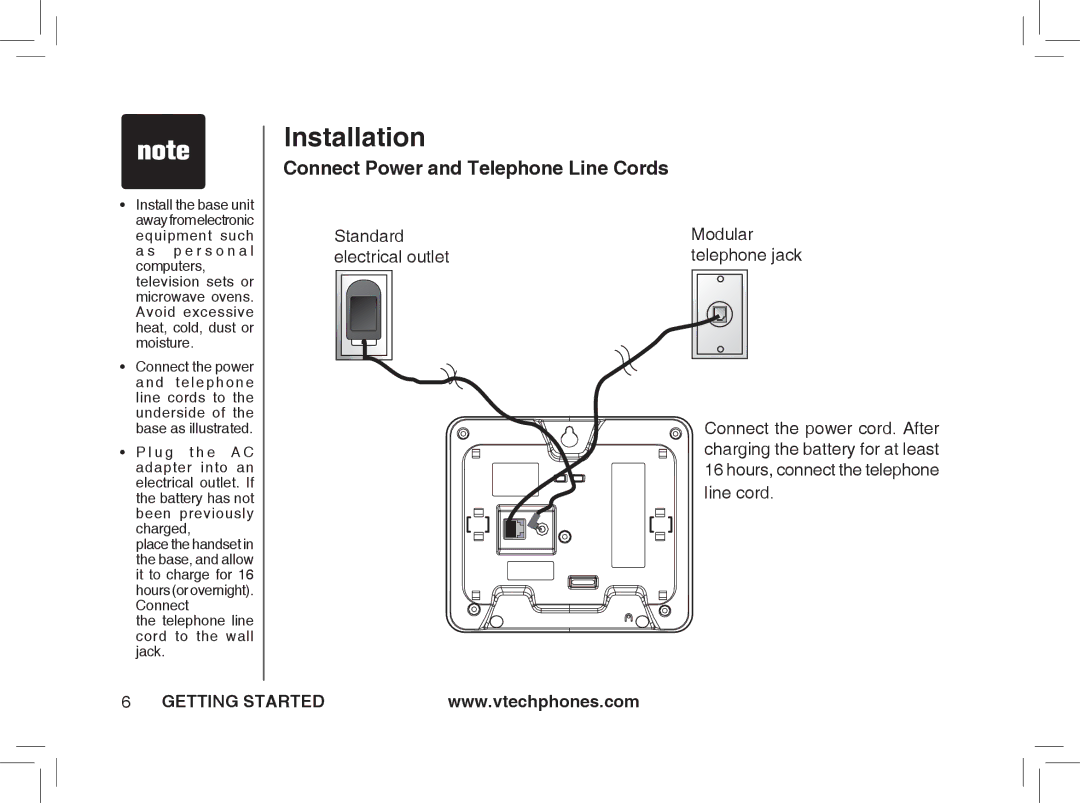 VTech ia5877, ia5876, ia5874 Connect Power and Telephone Line Cords, U g t h e Adapter into Electrical outlet.. If 