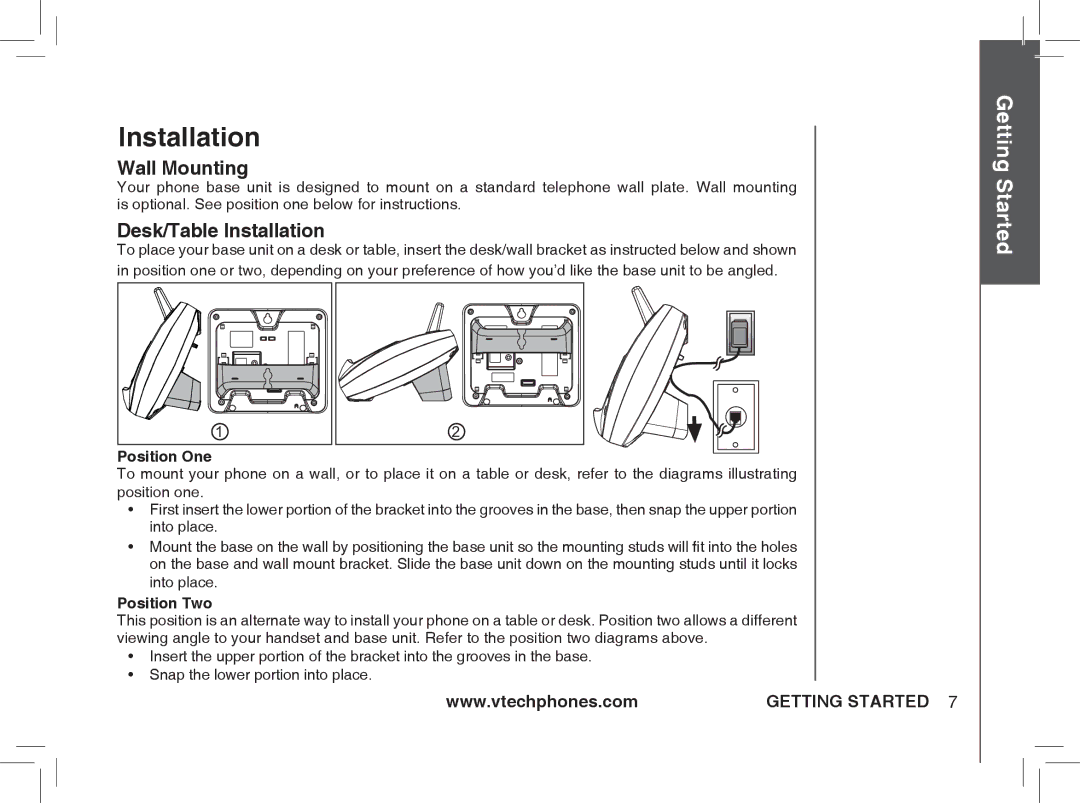 VTech ia5874, ia5876, ia5877 user manual Wall Mounting, Desk/Table Installation 