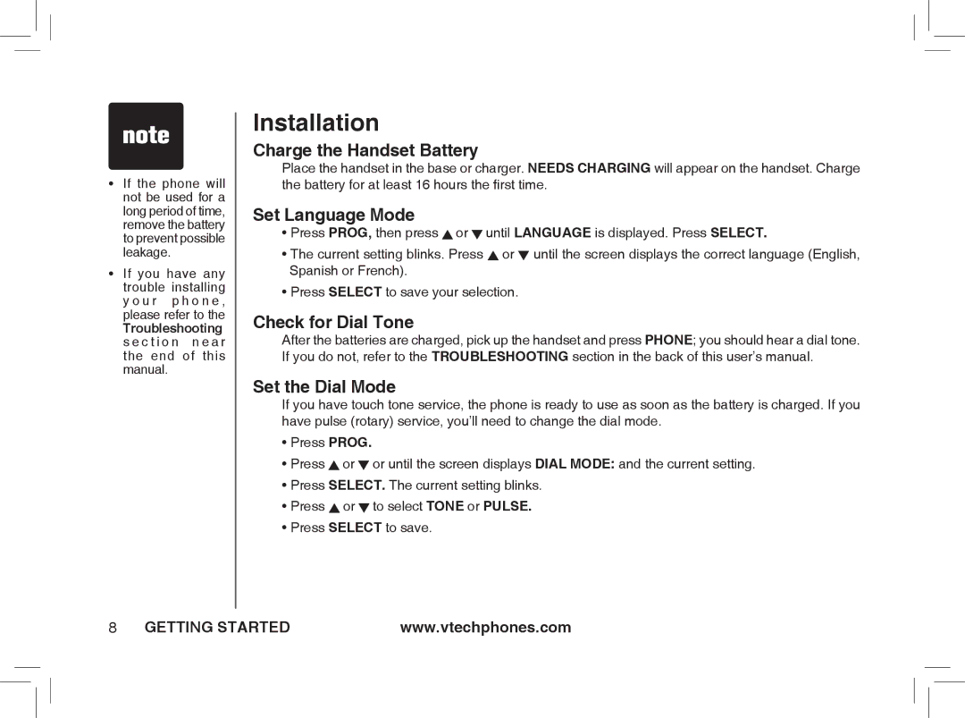 VTech ia5876, ia5877, ia5874 Charge the Handset Battery, Set Language Mode, Check for Dial Tone, Set the Dial Mode 