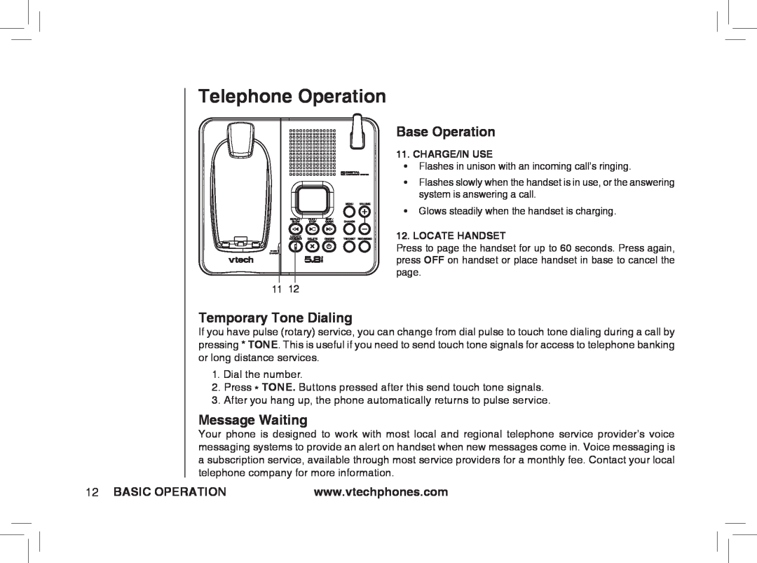 VTech ia5877, ia5876, ia5874 Base Operation, Temporary Tone Dialing, Message Waiting, Basic Operation, Telephone Operation 