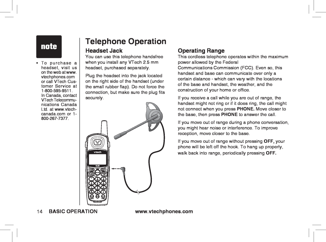 VTech ia5876, ia5877, ia5874 user manual Headset Jack, Operating Range, Basic Operation, Telephone Operation 