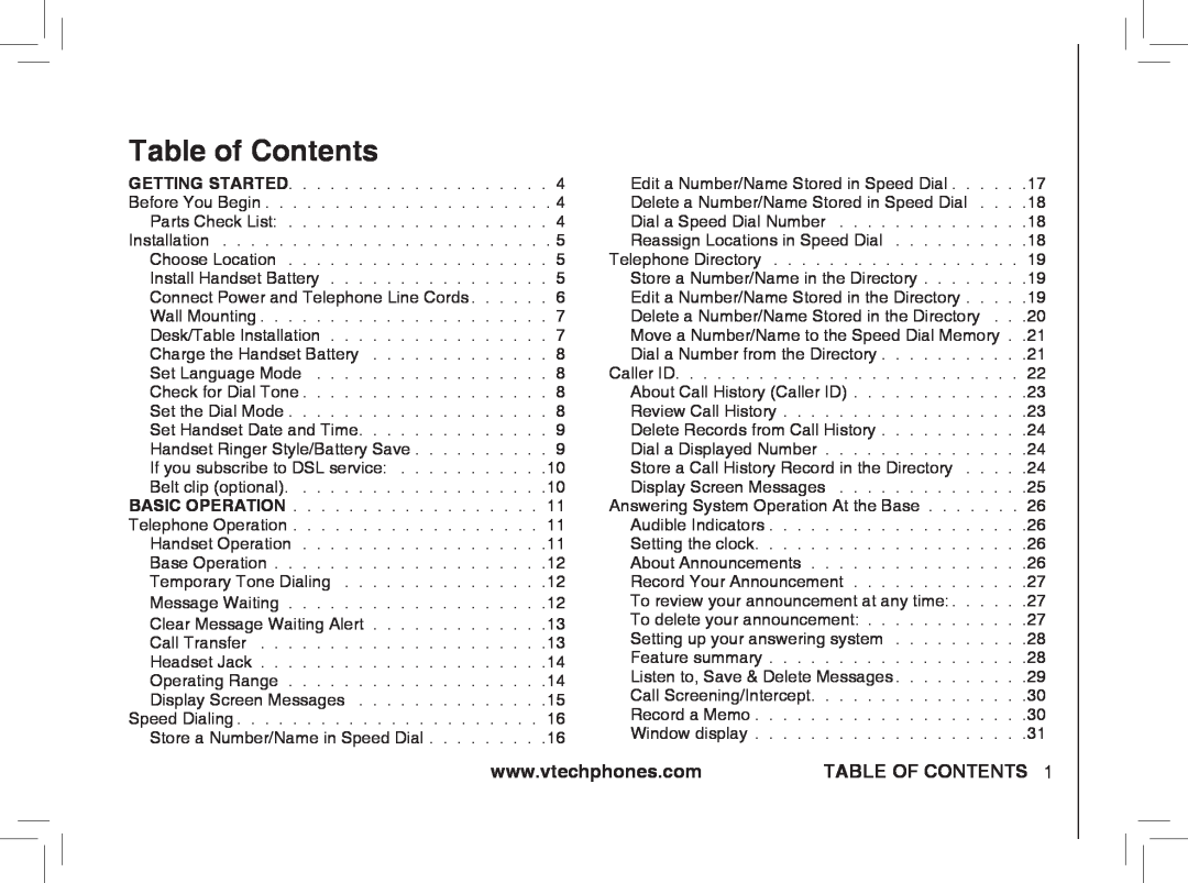 VTech ia5874, ia5876, ia5877 user manual Table of Contents, Table Of Contents  