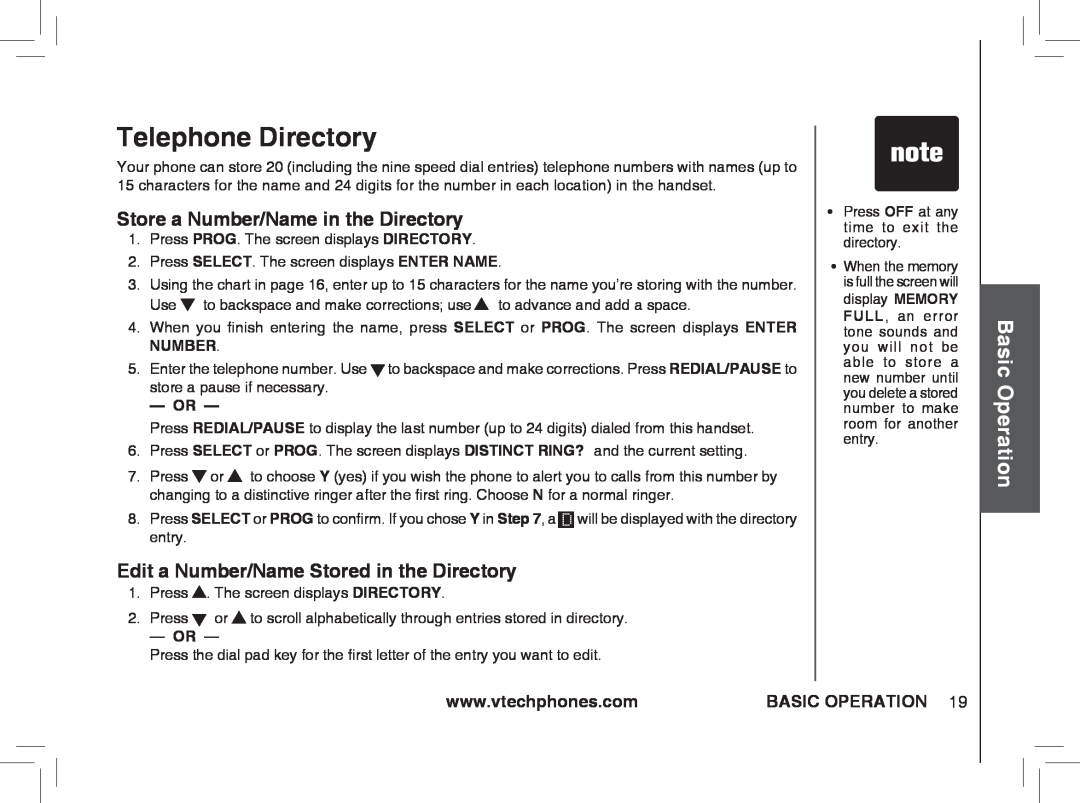VTech ia5874, ia5876 Telephone Directory, Store a Number/Name in the Directory, Edit a Number/Name Stored in the Directory 