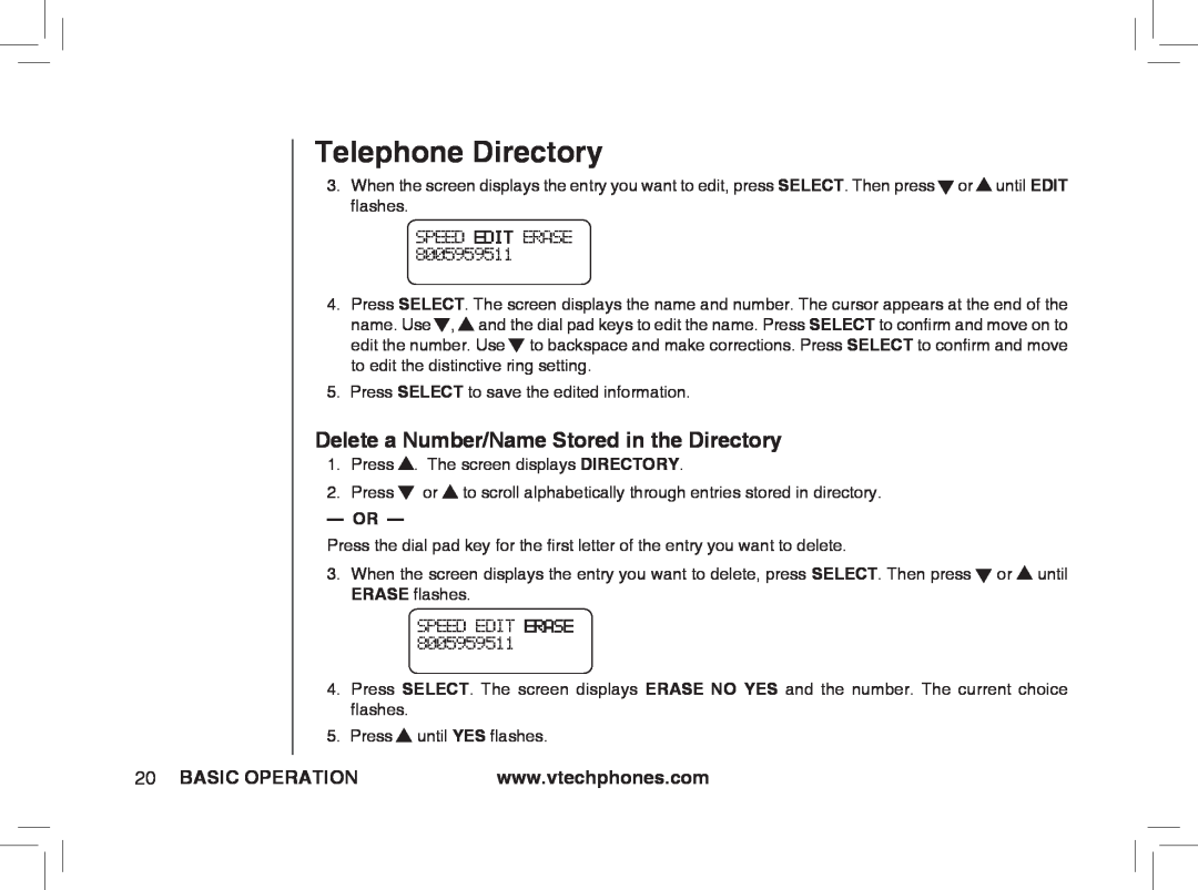 VTech ia5876, ia5877, ia5874 user manual Delete a Number/Name Stored in the Directory, Basic Operation, Telephone Directory 