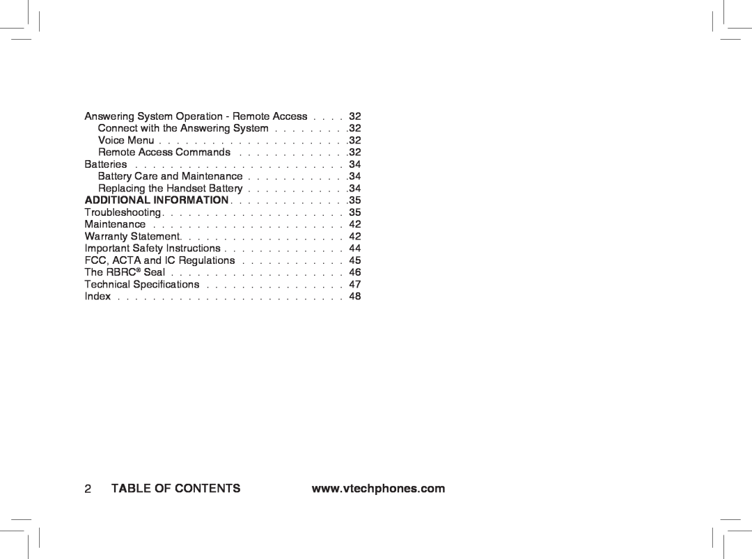 VTech ia5876, ia5877, ia5874 user manual Table Of Contents, Additional Information 