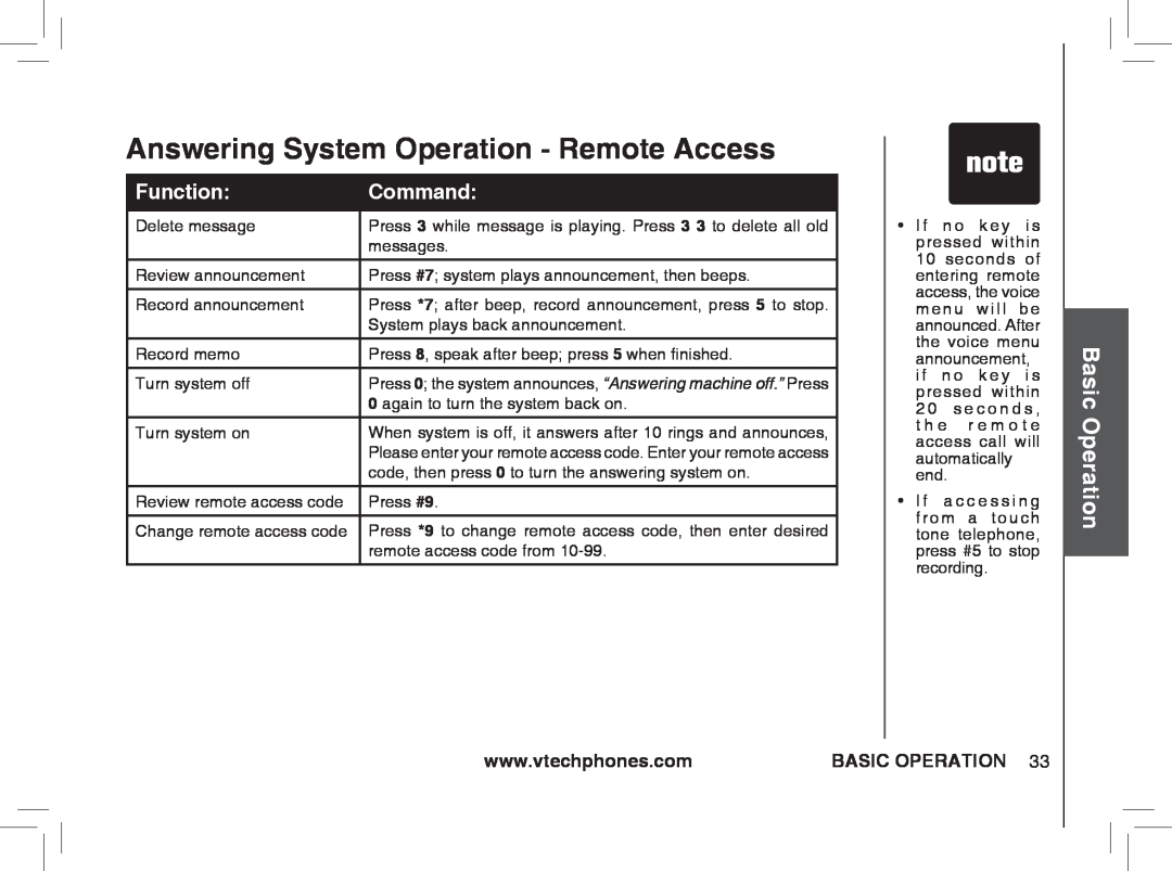 VTech ia5877, ia5876, ia5874 user manual Answering System Operation - Remote Access, Basic Operation, Function, Command 