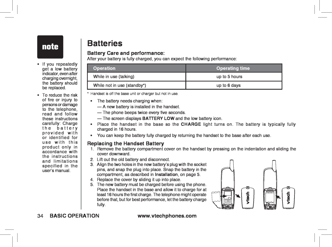 VTech ia5874 Batteries, Battery Care and performance, Replacing the Handset Battery, Basic Operation, Operating time 