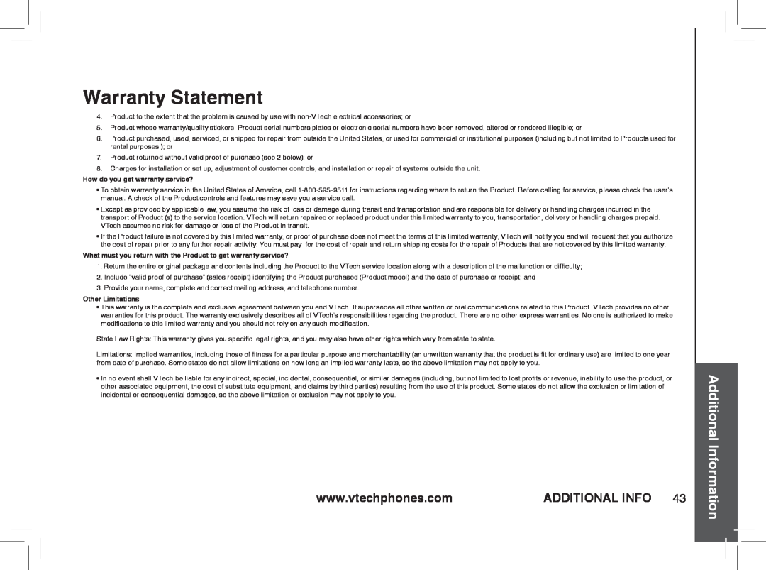 VTech ia5874, ia5876 Warranty Statement, Additional Information, How do you get warranty service?, Other Limitations 