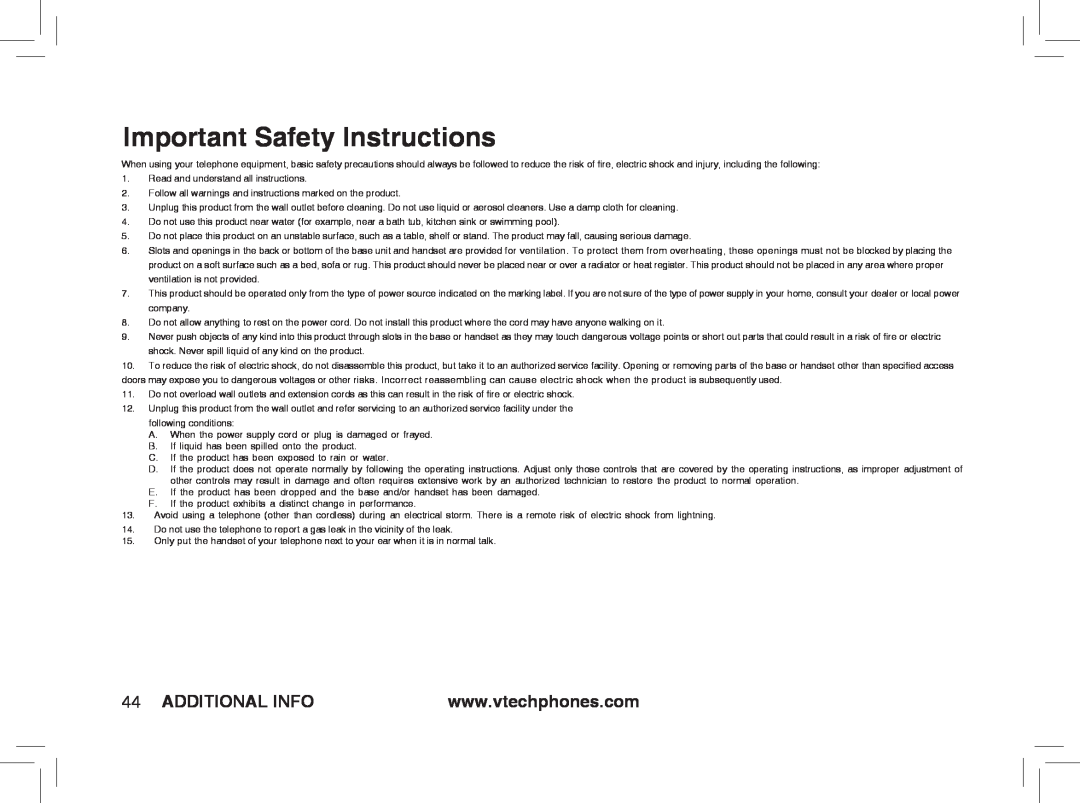 VTech ia5876, ia5877, ia5874 user manual Important Safety Instructions, Additional Info 
