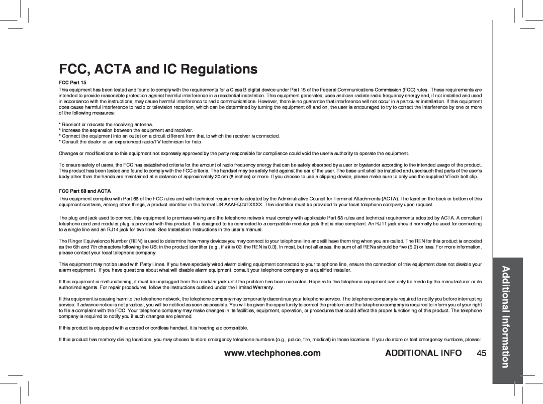VTech ia5877, ia5876, ia5874 user manual FCC, ACTA and IC Regulations, Additional Information, FCC Part 68 and ACTA 