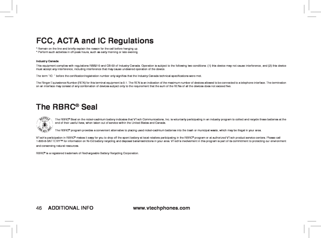 VTech ia5874, ia5876, ia5877 user manual The RBRC Seal, Additional Info, FCC, ACTA and IC Regulations, Industry Canada 