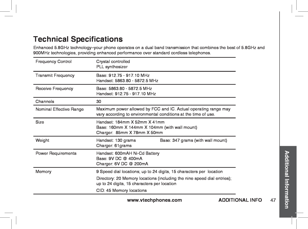 VTech ia5876, ia5877, ia5874 user manual Technical Specifications, Additional Information 