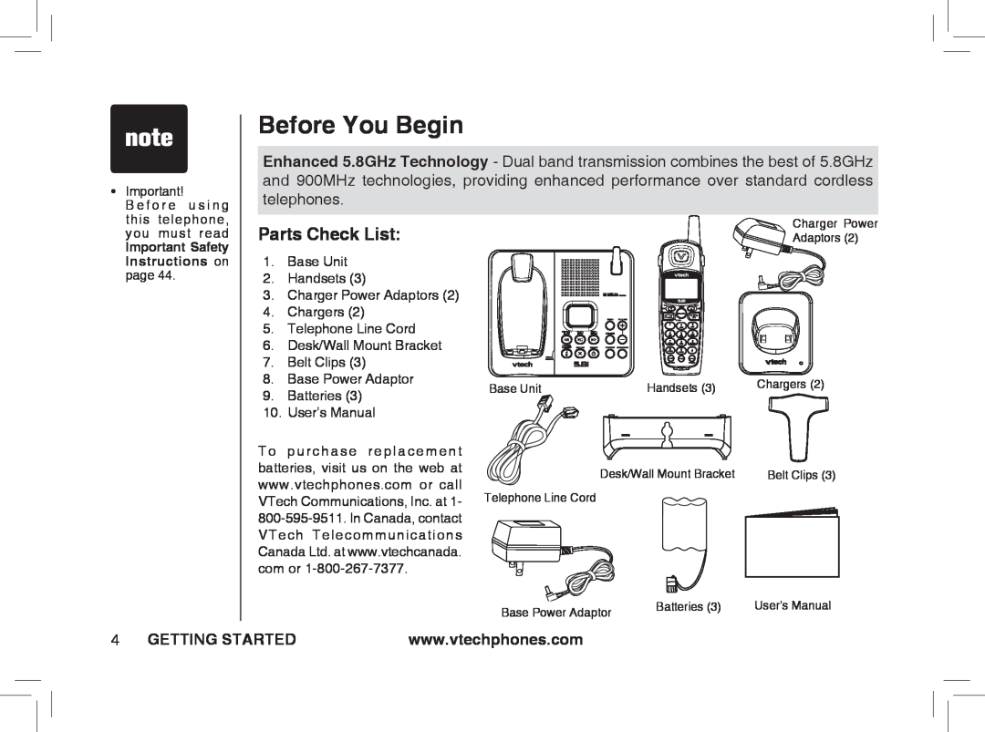 VTech ia5874, ia5876, ia5877 Before You Begin, Parts Check List, Getting Started, Important Safety Instructions on page 