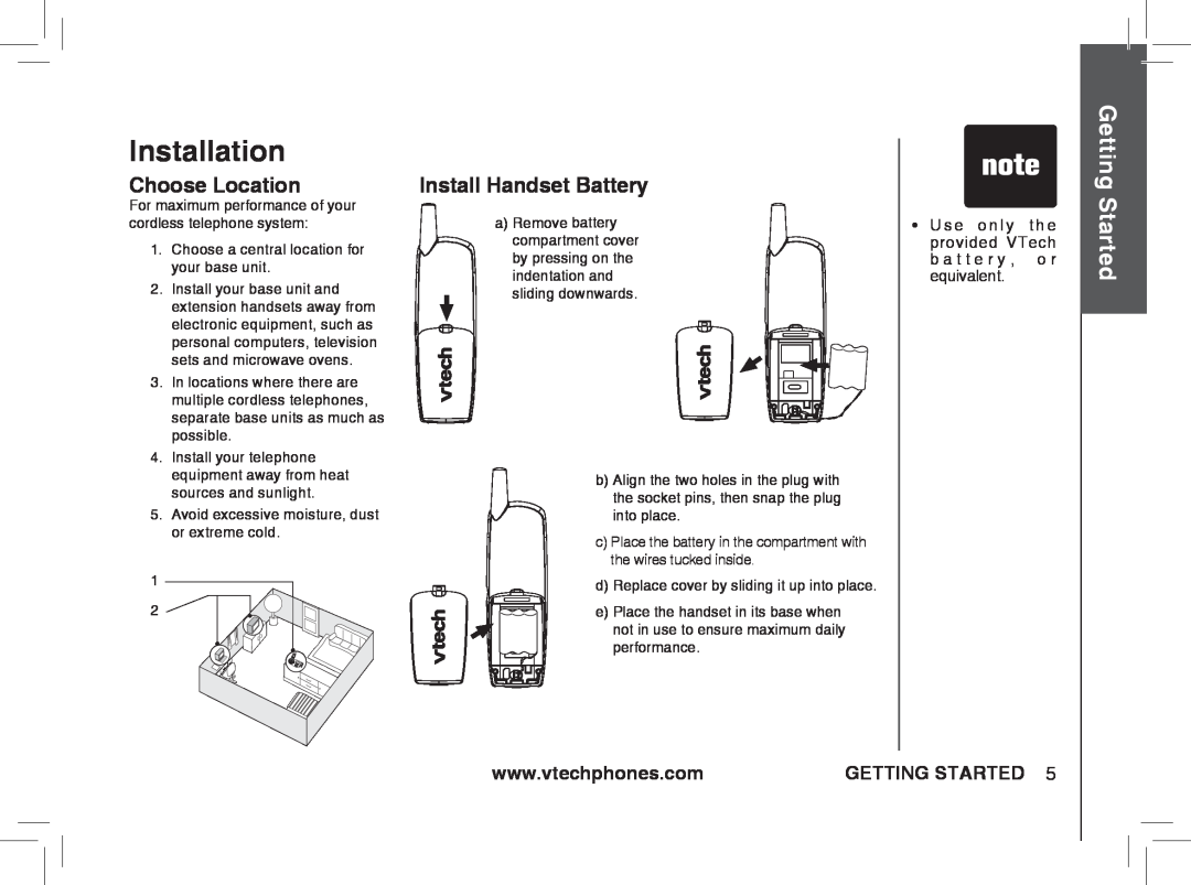 VTech ia5876, ia5877, ia5874 user manual Installation, Getting Started, Choose Location, Install Handset Battery 