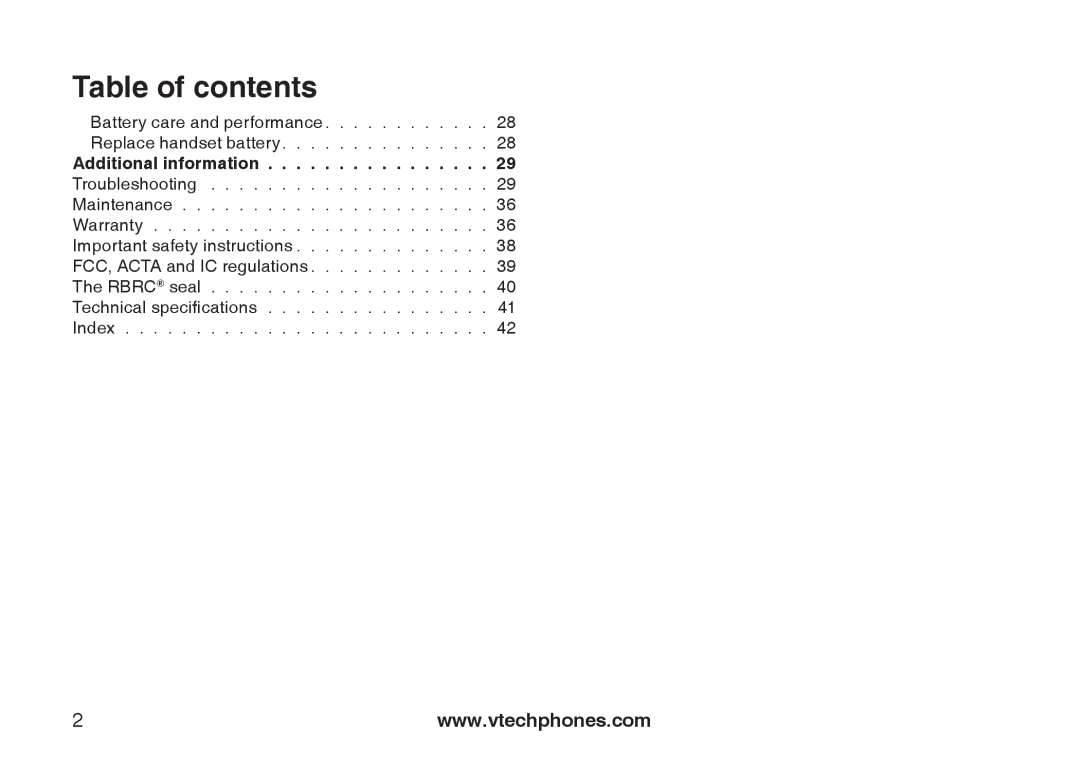VTech IA5879 manual Battery care and performance Replace handset battery, Additional information 