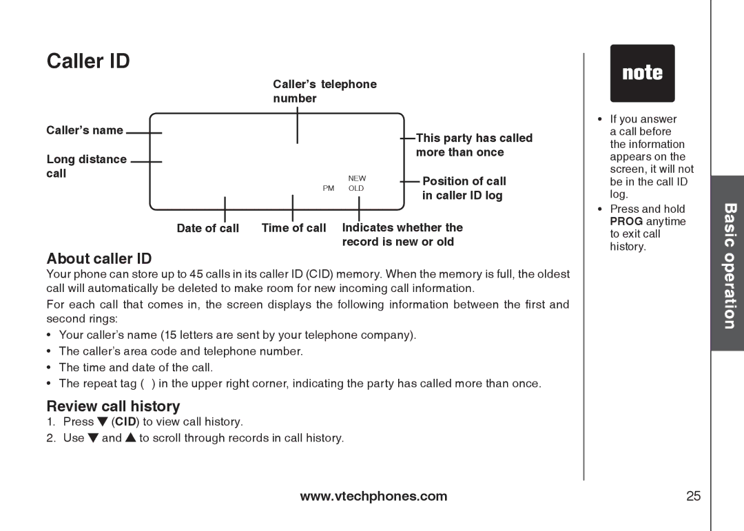 VTech IA5879 manual About caller ID, Review call history 