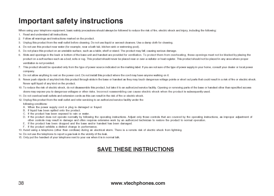 VTech IA5879 manual Important safety instructions 