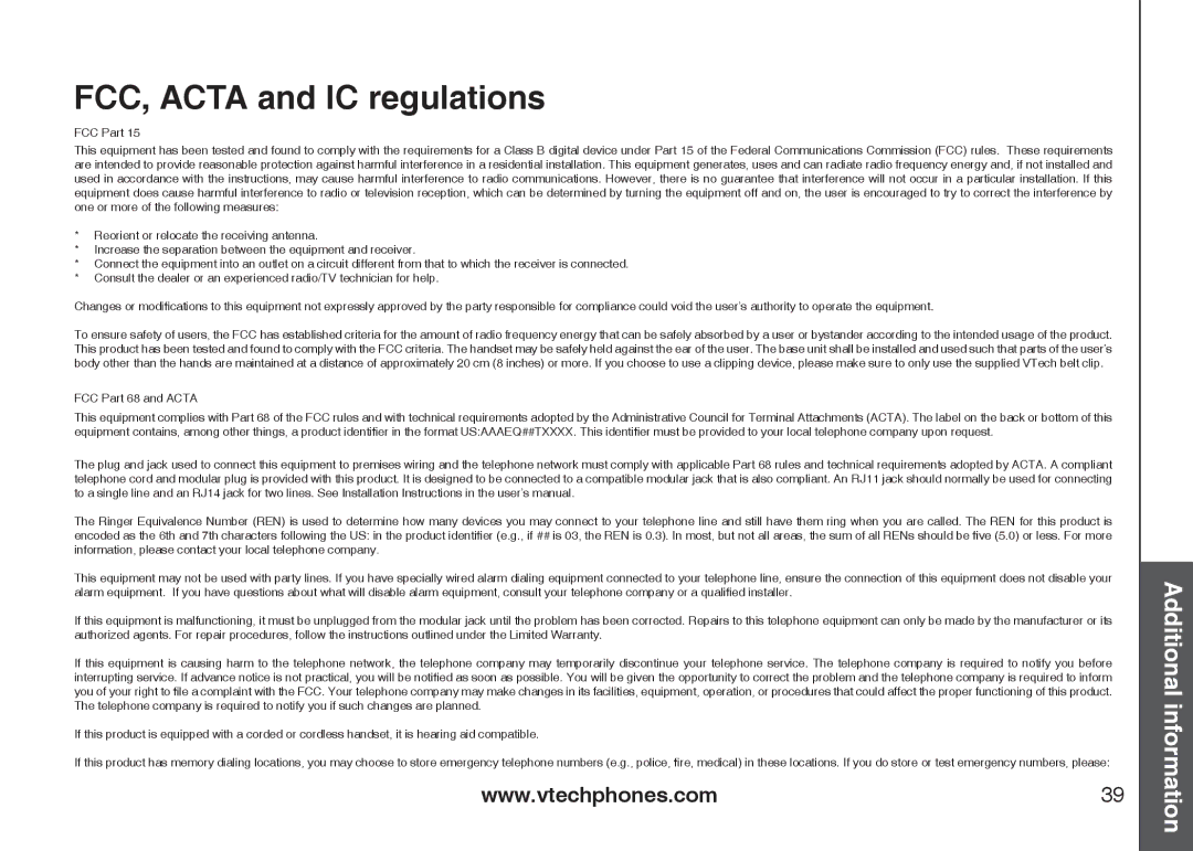 VTech IA5879 manual FCC, Acta and IC regulations, FCC Part 68 and Acta 