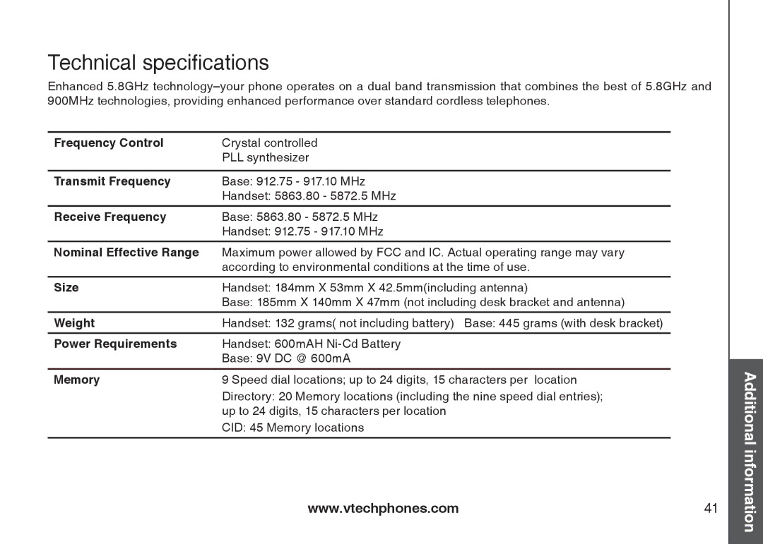 VTech IA5879 manual Technical specifications 