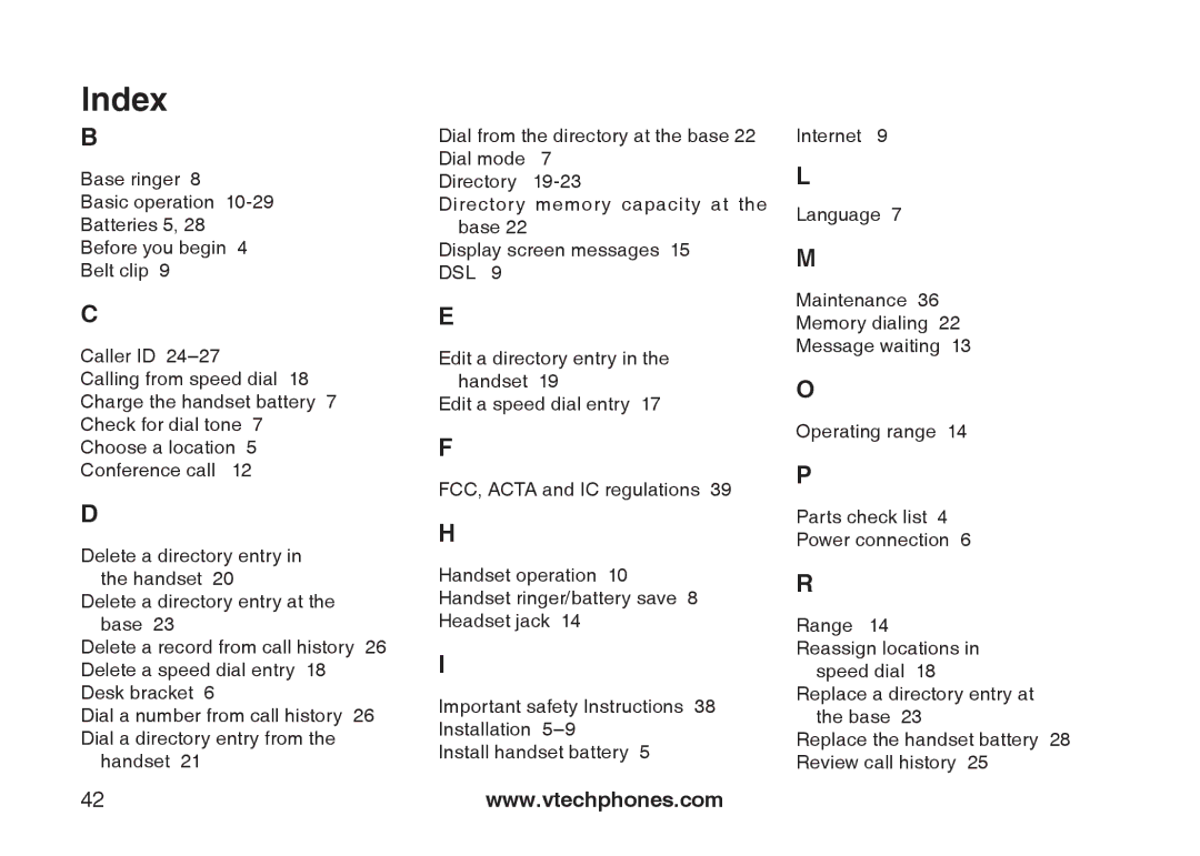 VTech IA5879 manual Index 