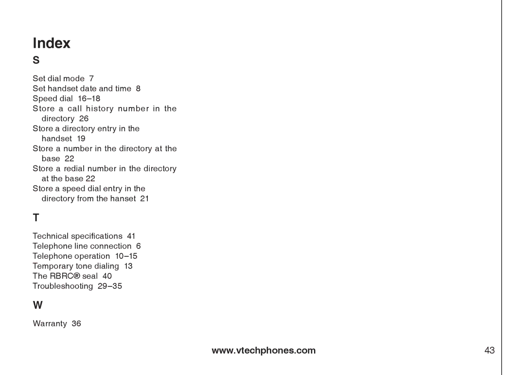 VTech IA5879 manual Index 