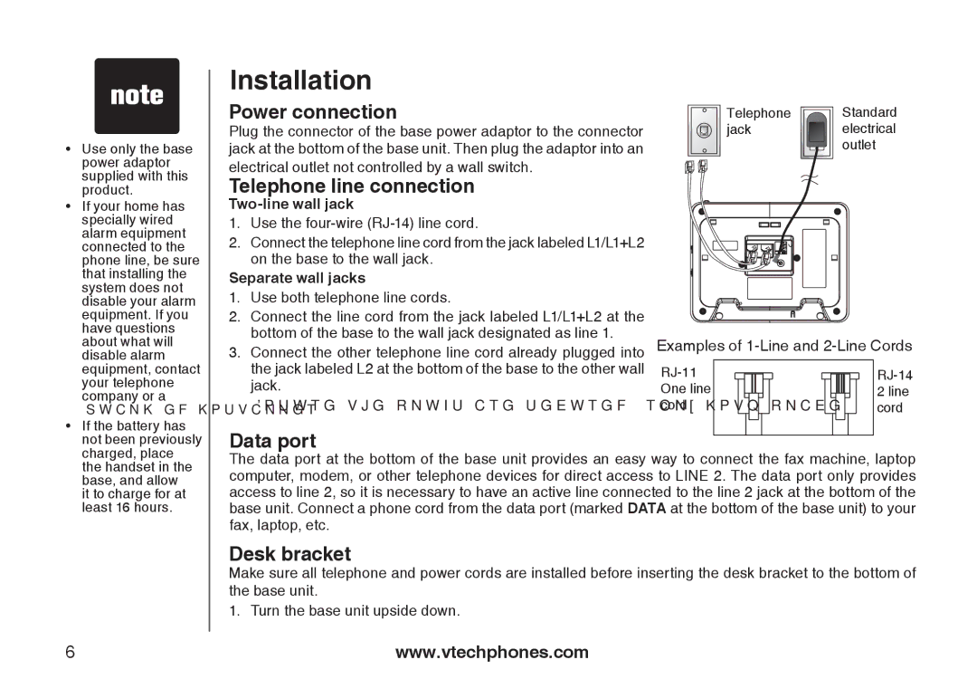 VTech IA5879 Power connection, Telephone line connection, Data port, Desk bracket, Examples of 1-Line and 2-Line Cords 