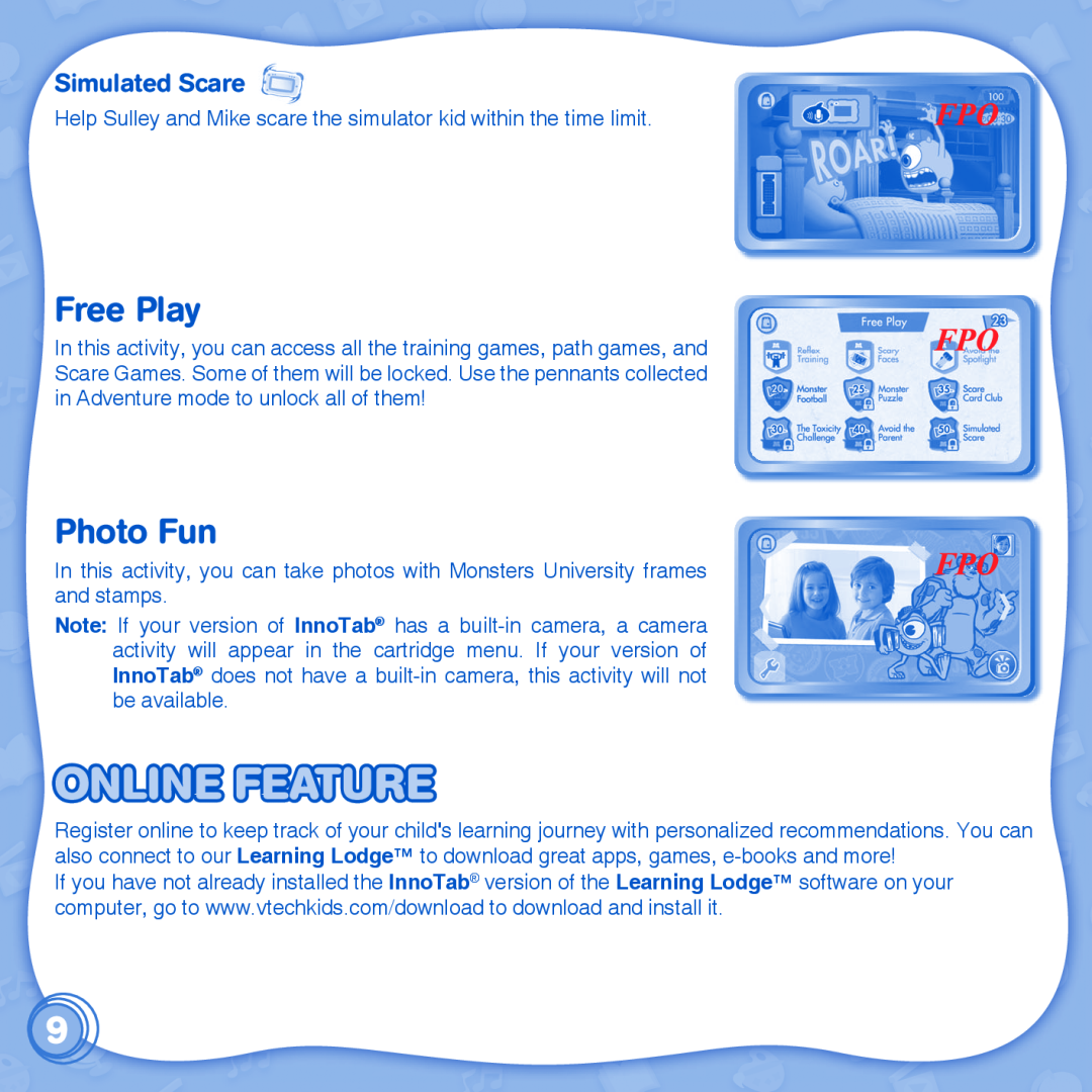 VTech innotab user manual Online Feature, Free Play, Photo Fun, Simulated Scare 
