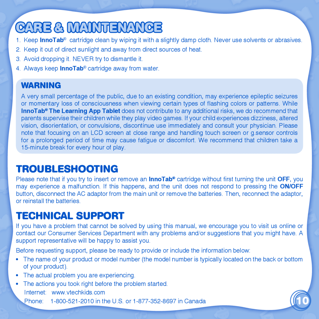 VTech innotab user manual Care & Maintenance, Troubleshooting, Technical Support 