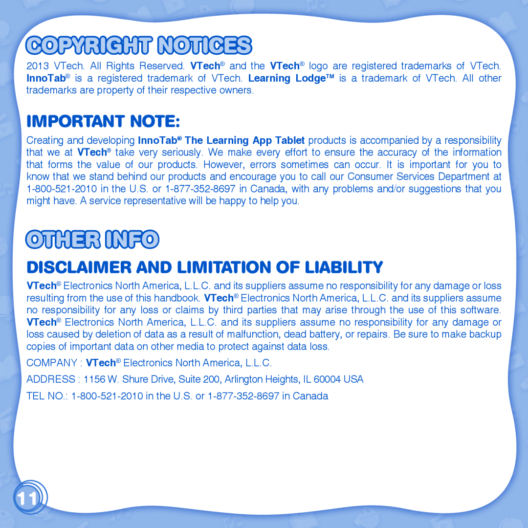 VTech innotab user manual Copyright Notices, Other Info, Important Note, Disclaimer And Limitation Of Liability 