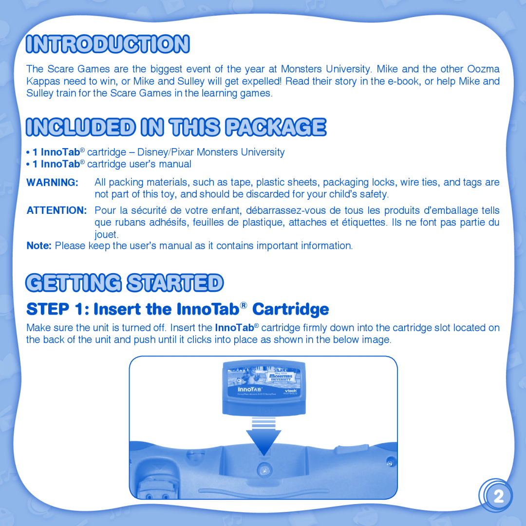 VTech innotab user manual Introduction, Included In This Package, Getting Started, Insert the InnoTab Cartridge 