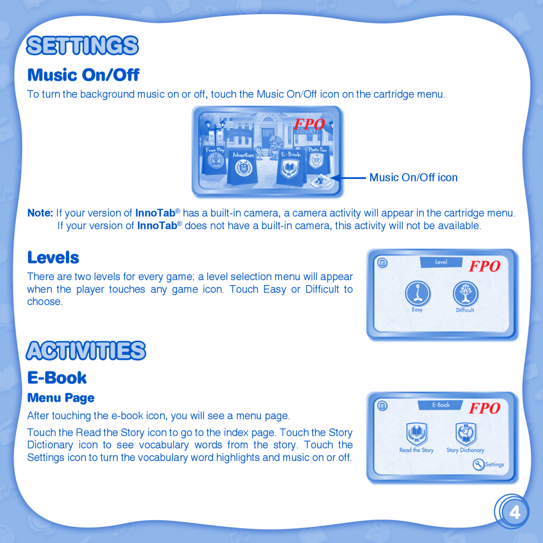 VTech innotab user manual Settings, Activities, Music On/Off, Levels, E-Book, Menu Page 