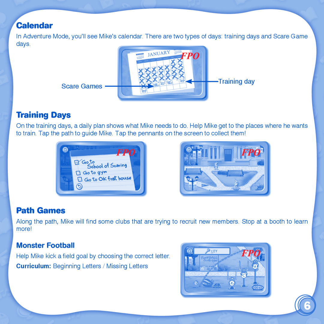 VTech innotab user manual Calendar, Training Days, Path Games, Monster Football 