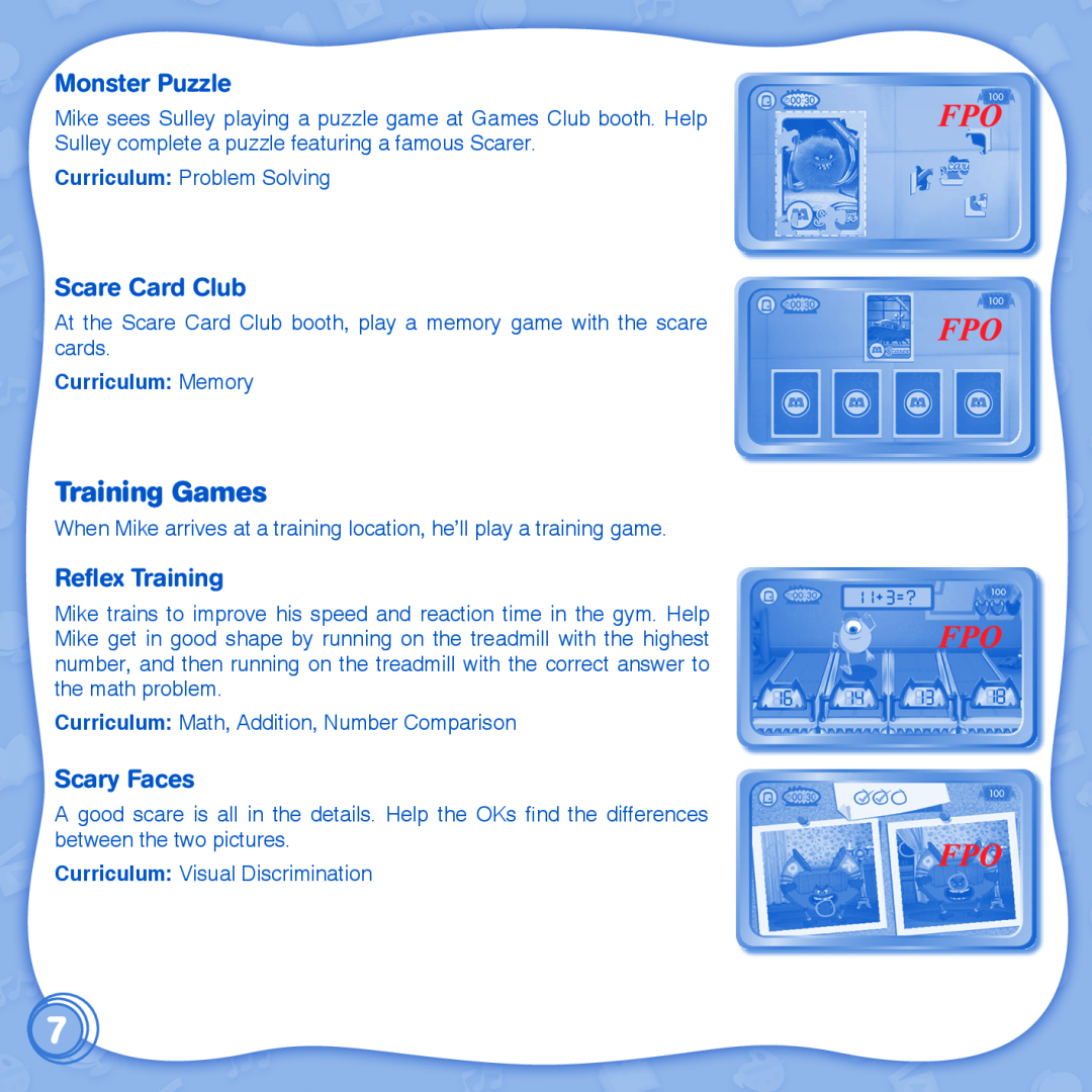 VTech innotab user manual Training Games, Monster Puzzle, Scare Card Club, Reflex Training, Scary Faces, Curriculum Memory 