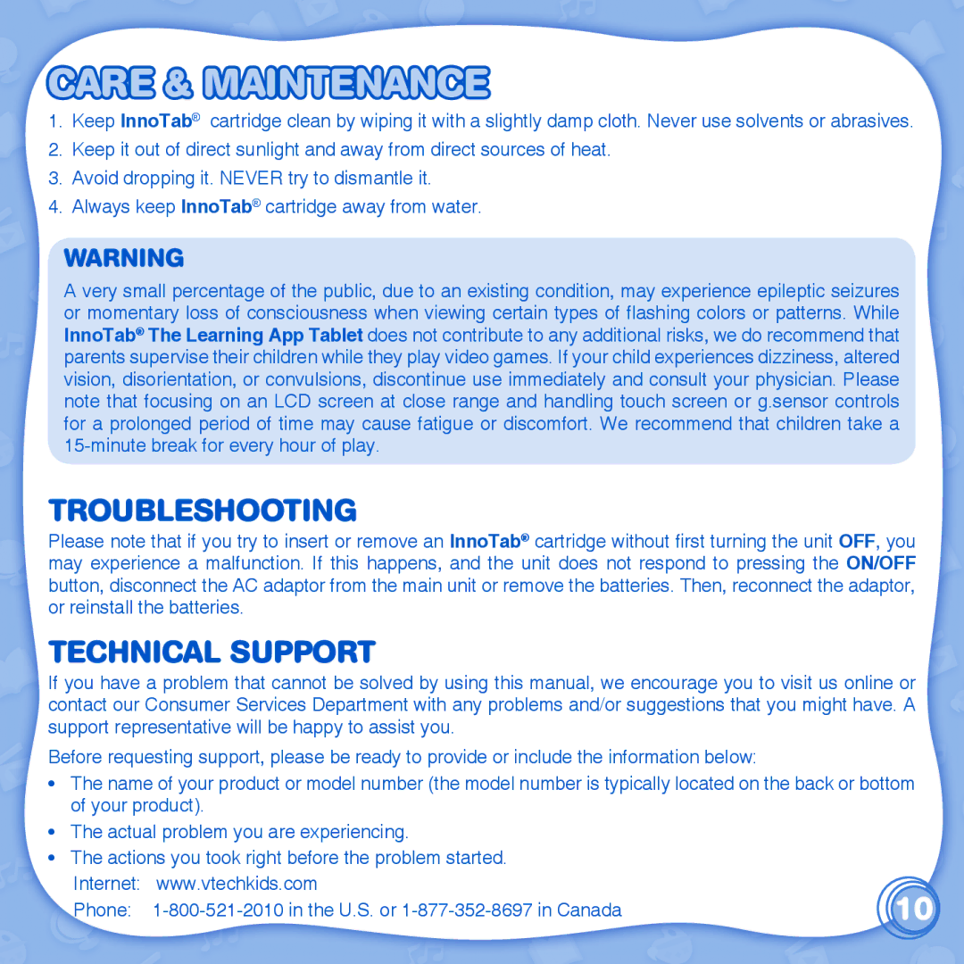 VTech innotab user manual Care & Maintenance, Troubleshooting 