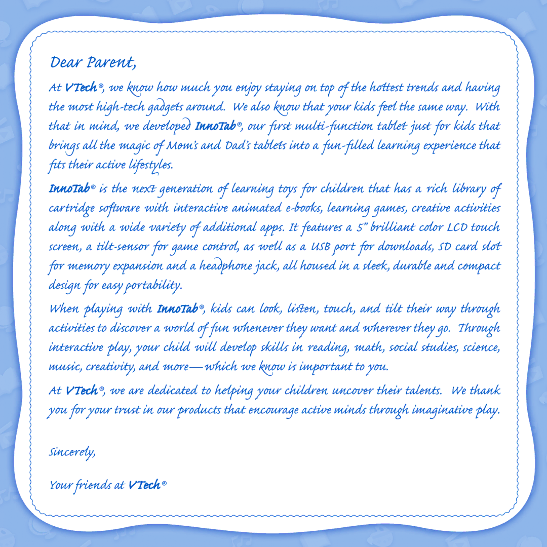 VTech innotab user manual Dear Parent 