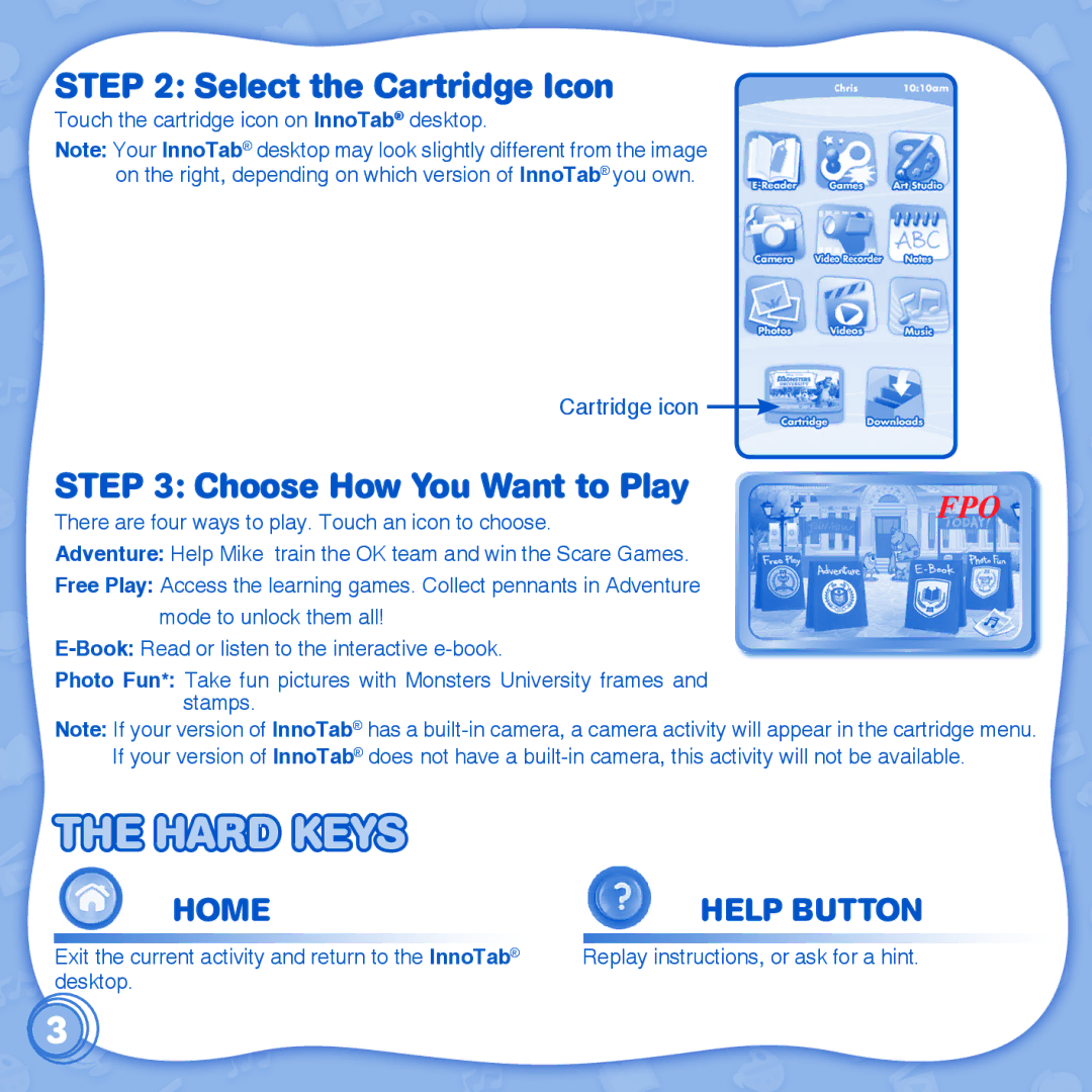 VTech innotab user manual Hard Keys, Select the Cartridge Icon, Choose How You Want to Play 