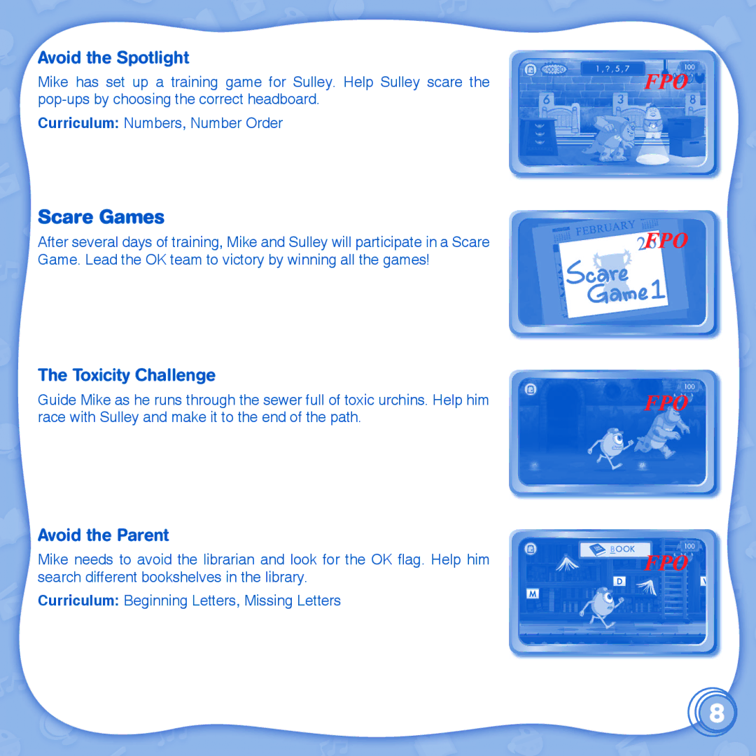 VTech innotab user manual Scare Games, Avoid the Spotlight, Toxicity Challenge, Avoid the Parent 