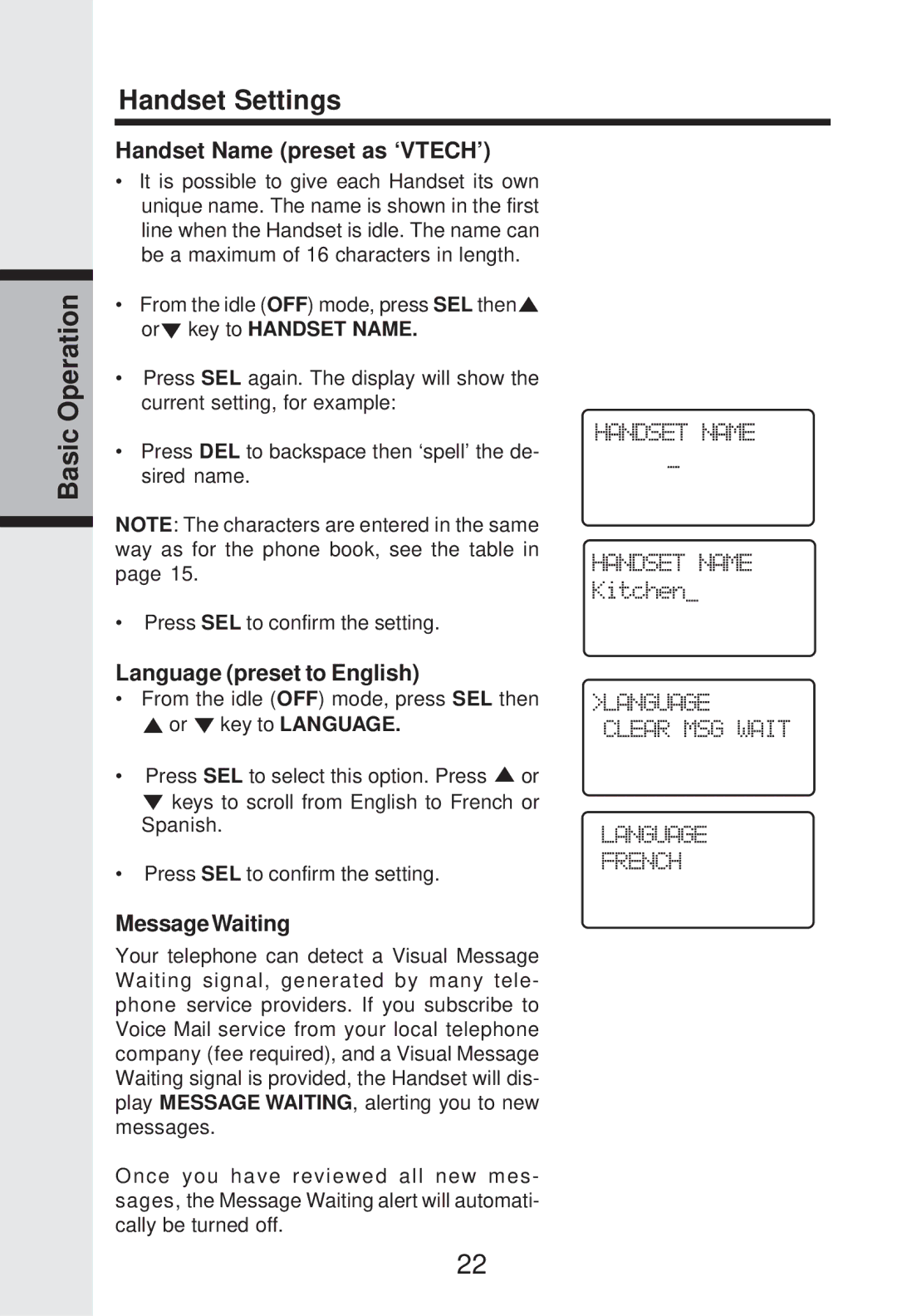 VTech IP 5825 Basic Operation Handset Settings, Handset Name preset as ‘VTECH’, Language preset to English 