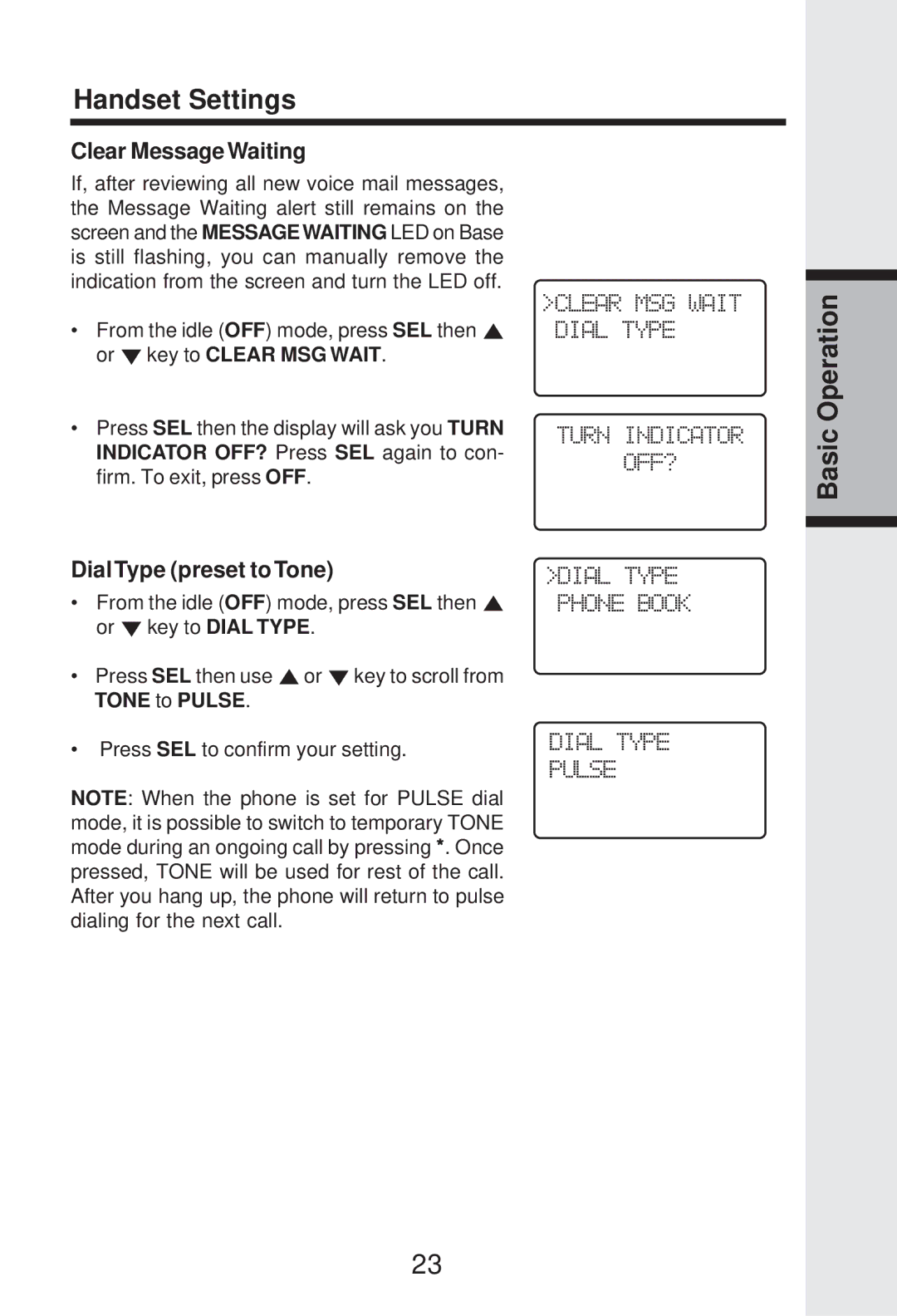 VTech IP 5825 important safety instructions Clear Message Waiting, Dial Type preset to Tone 