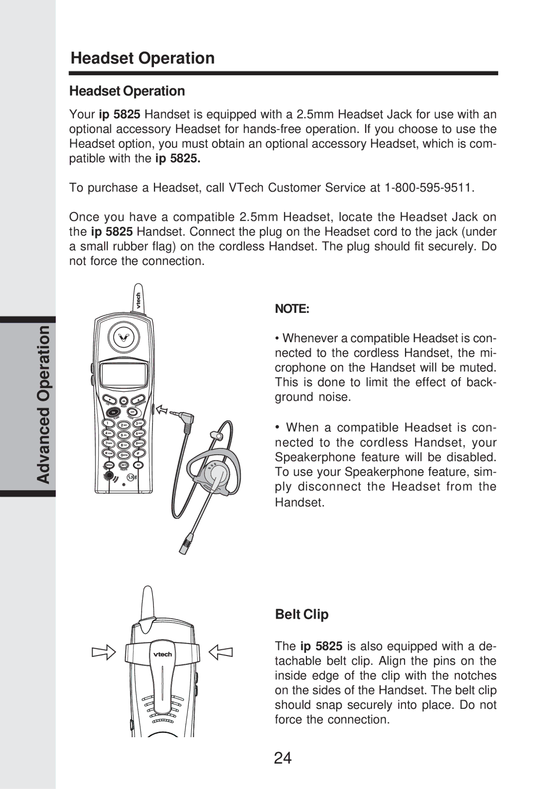 VTech IP 5825 important safety instructions Advanced Operation Headset Operation, Belt Clip 