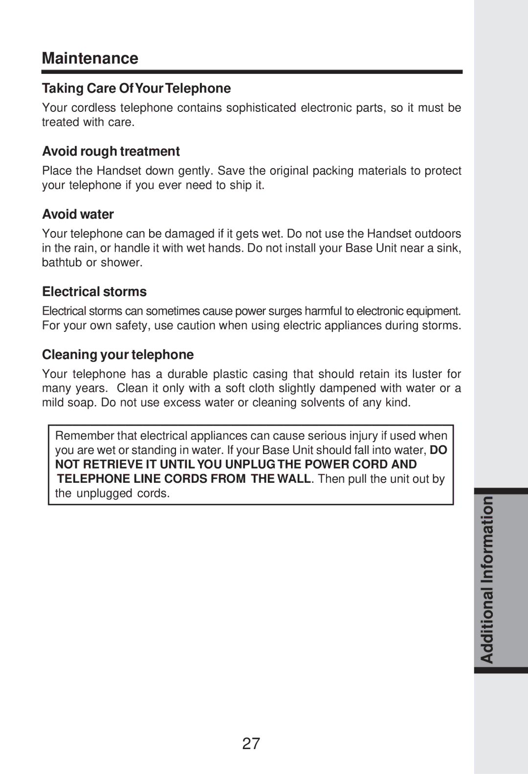 VTech IP 5825 important safety instructions Maintenance 