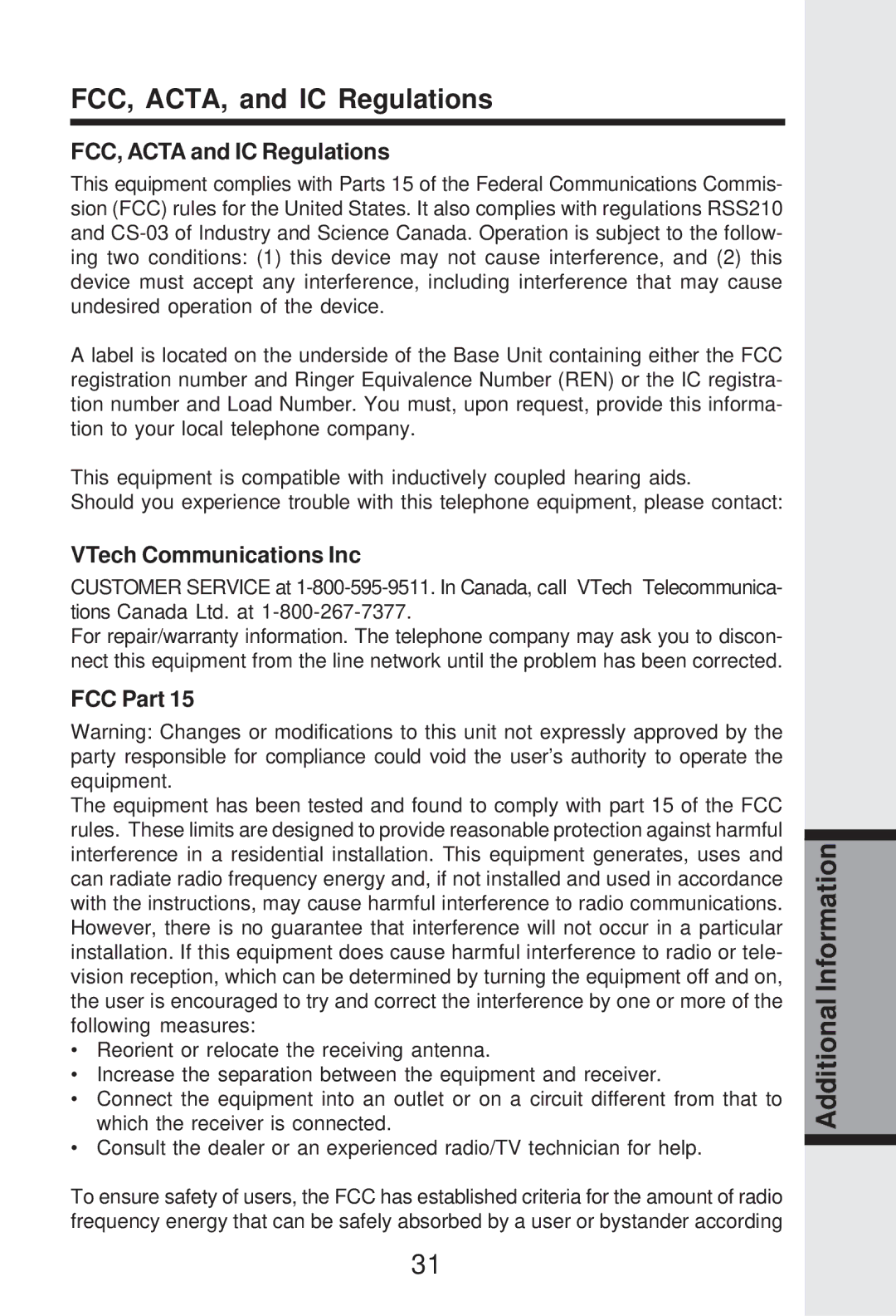 VTech IP 5825 FCC, ACTA, and IC Regulations, FCC, Acta and IC Regulations, VTech Communications Inc, FCC Part 