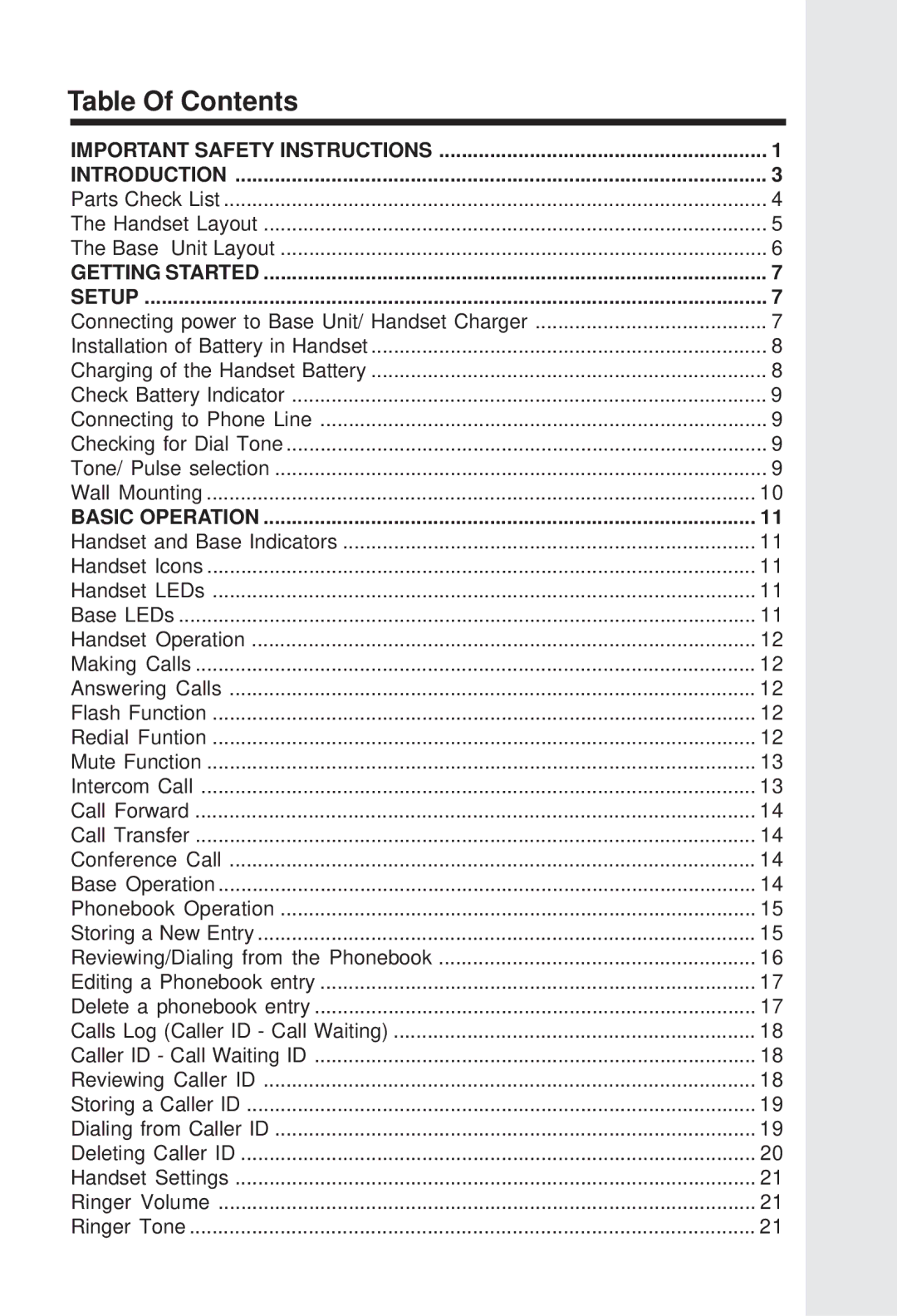 VTech IP 5825 important safety instructions Table Of Contents 